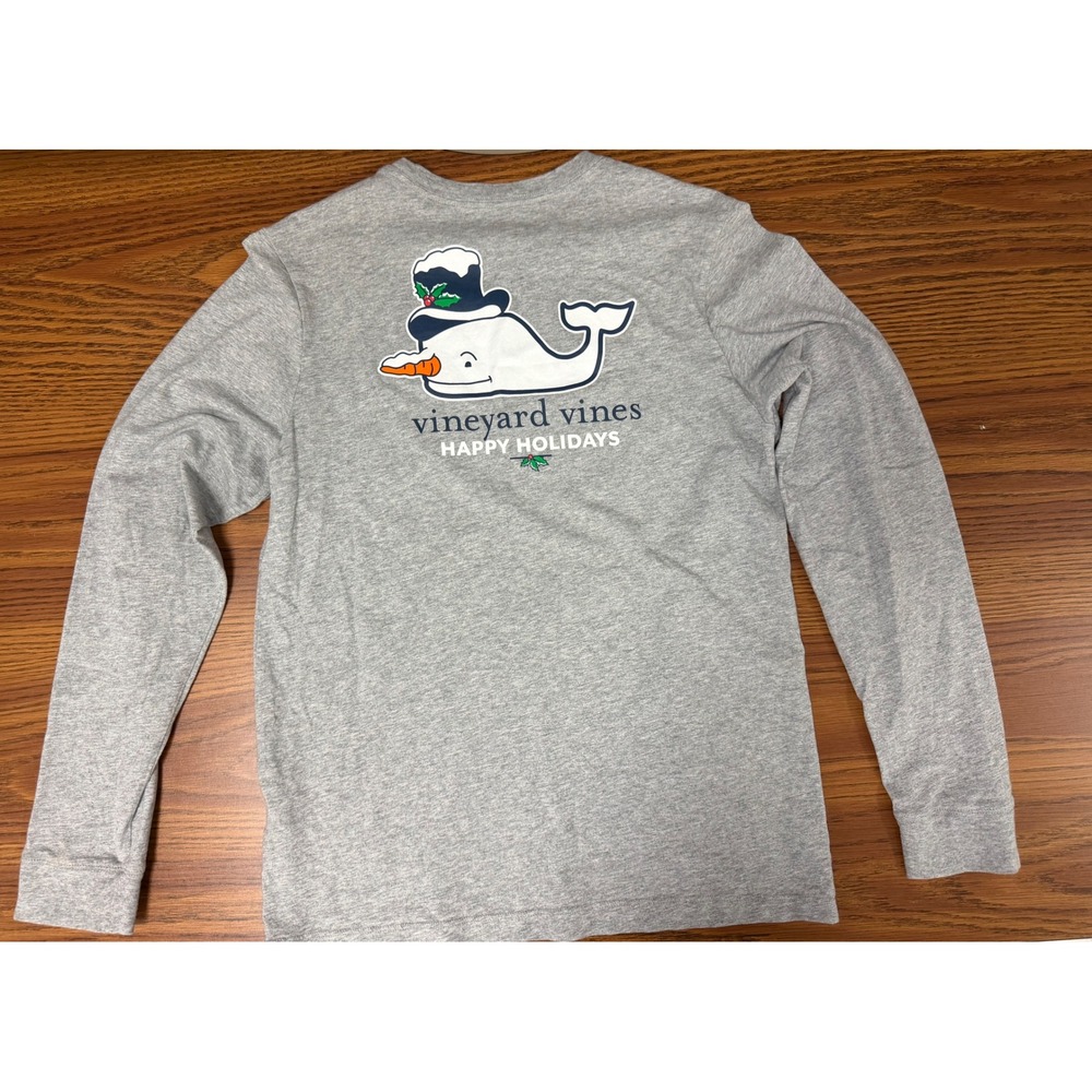 Vineyard Vines Boys XL 18 Happy Holidays Snowman Whale Long Sleeve Tee Gray